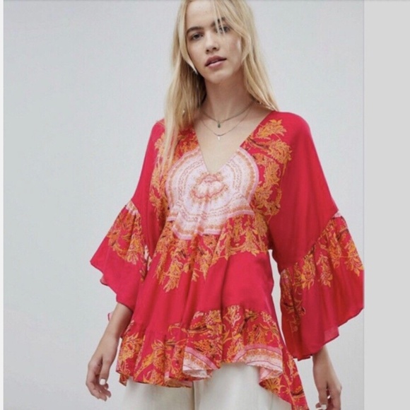 FREE PEOPLE Sunset Dreams Ruffle Top Shirt Tunic Boho Size L - Picture 5 of 7